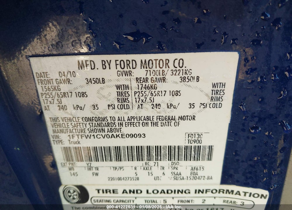 2010 FORD F-150 FX4/HARLEY-DAVIDSON/KING RANCH/LARIAT/PLATINUM/XL/XLT VIN: 1FTFW1EV3AKA59519