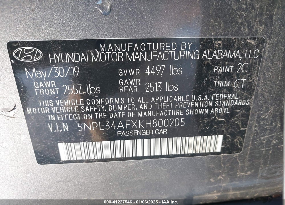2019 HYUNDAI SONATA SPORT VIN: 5NPE34AFXKH800205