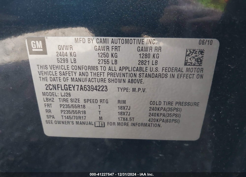 2010 CHEVROLET EQUINOX LTZ VIN: 2CNFLGEY7A6394223