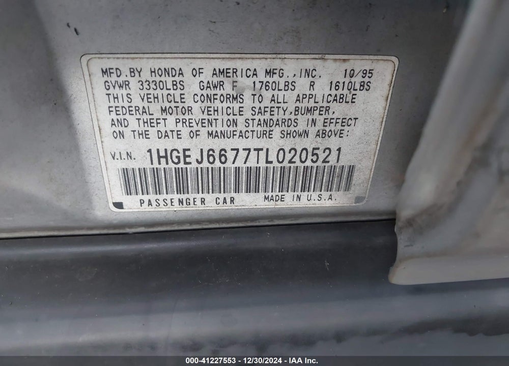 1996 HONDA CIVIC LX VIN: 1HGEJ6677TL020521