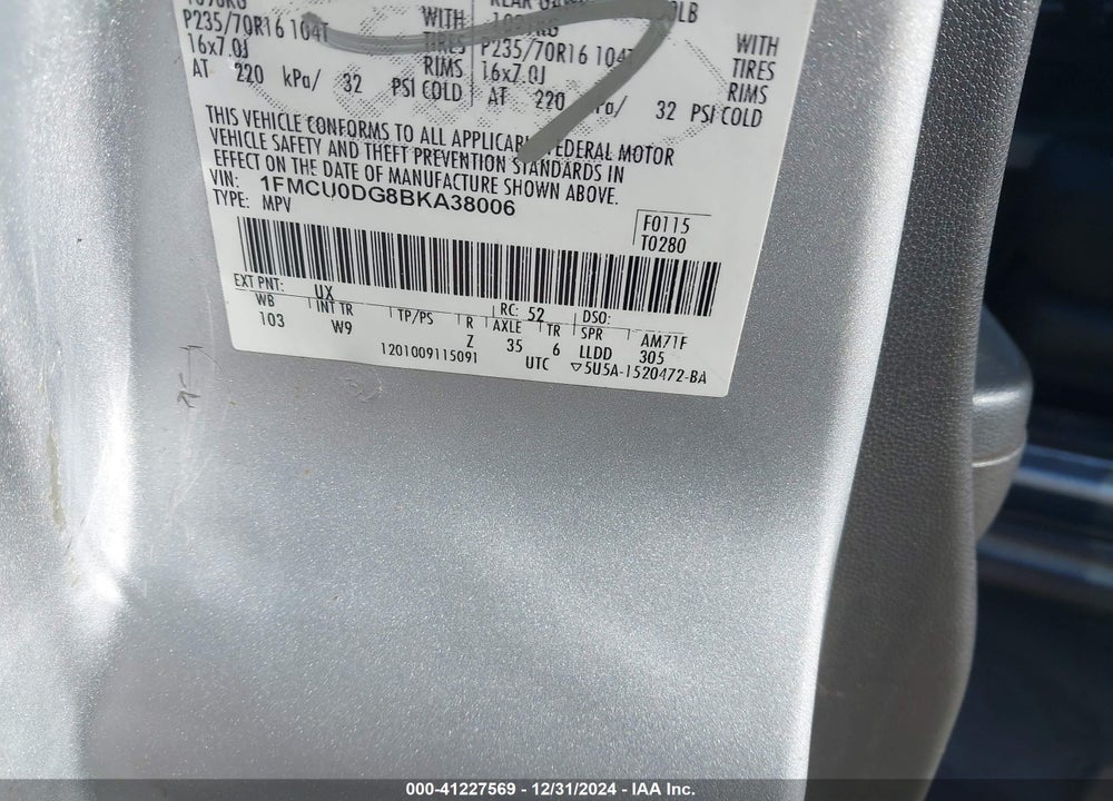 2011 FORD ESCAPE XLT VIN: 1FMCU0DG8BKA38006