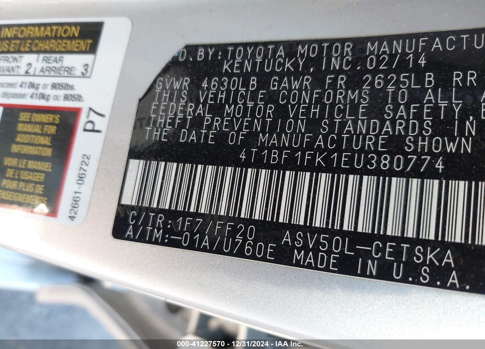 2014 TOYOTA CAMRY VIN: 4T1BF1FK1EU380774