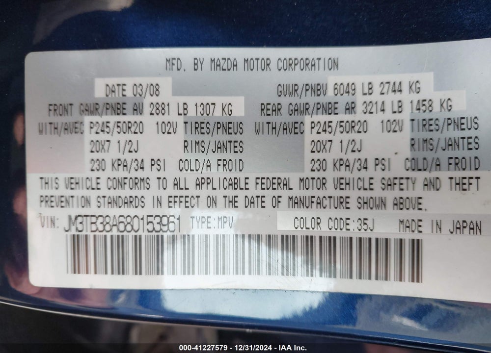 2008 MAZDA CX-9 GRAND TOURING VIN: JM3TB38A680153961