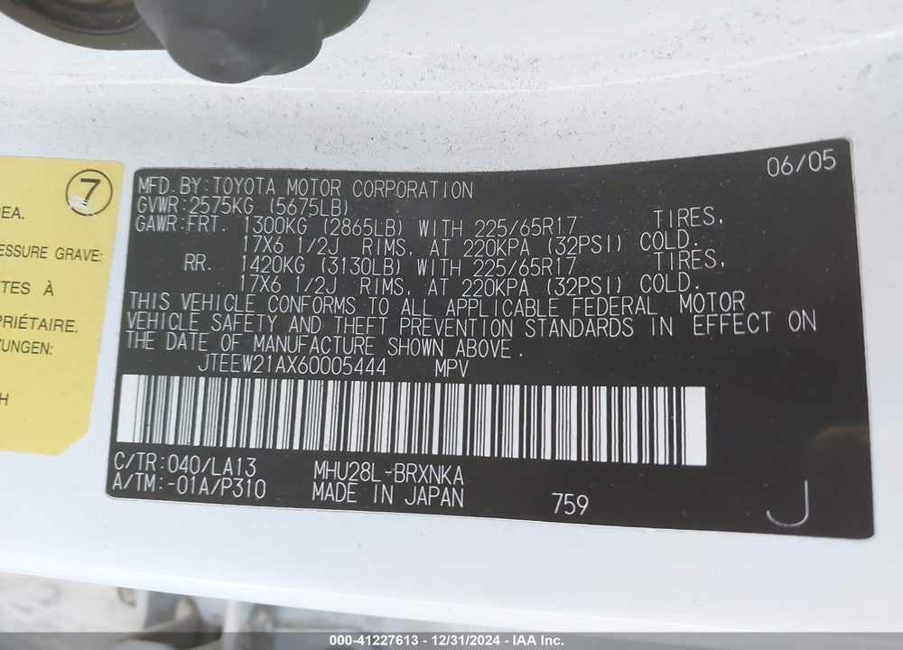 2006 TOYOTA HIGHLANDER HYBRID LIMITED V6 VIN: JTEEW21AX60005444
