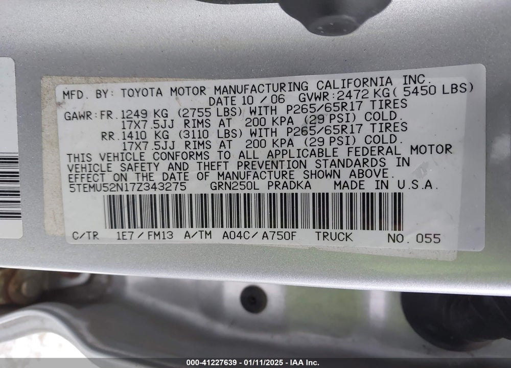 2007 TOYOTA TACOMA DOUBLE CAB LONG BED VIN: 5TEMU52N17Z343275