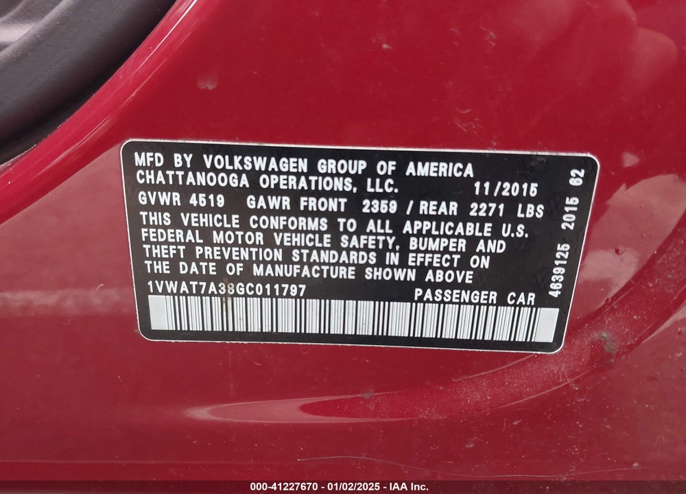 2016 VOLKSWAGEN PASSAT VIN: 1VWAT7A38GC011797