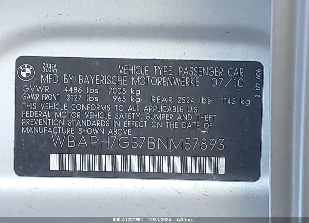 2011 BMW 328I VIN: WBAPH7G57BNM57893