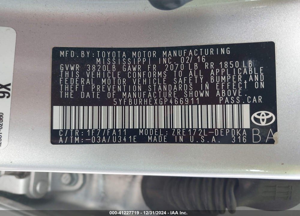 2016 TOYOTA COROLLA VIN: 5YFBURHEXGP466911