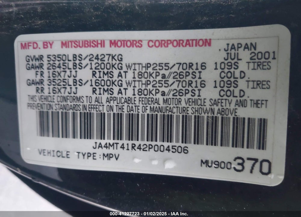 2002 MITSUBISHI MONTERO SPORT LTD VIN: JA4MT41R42P004506