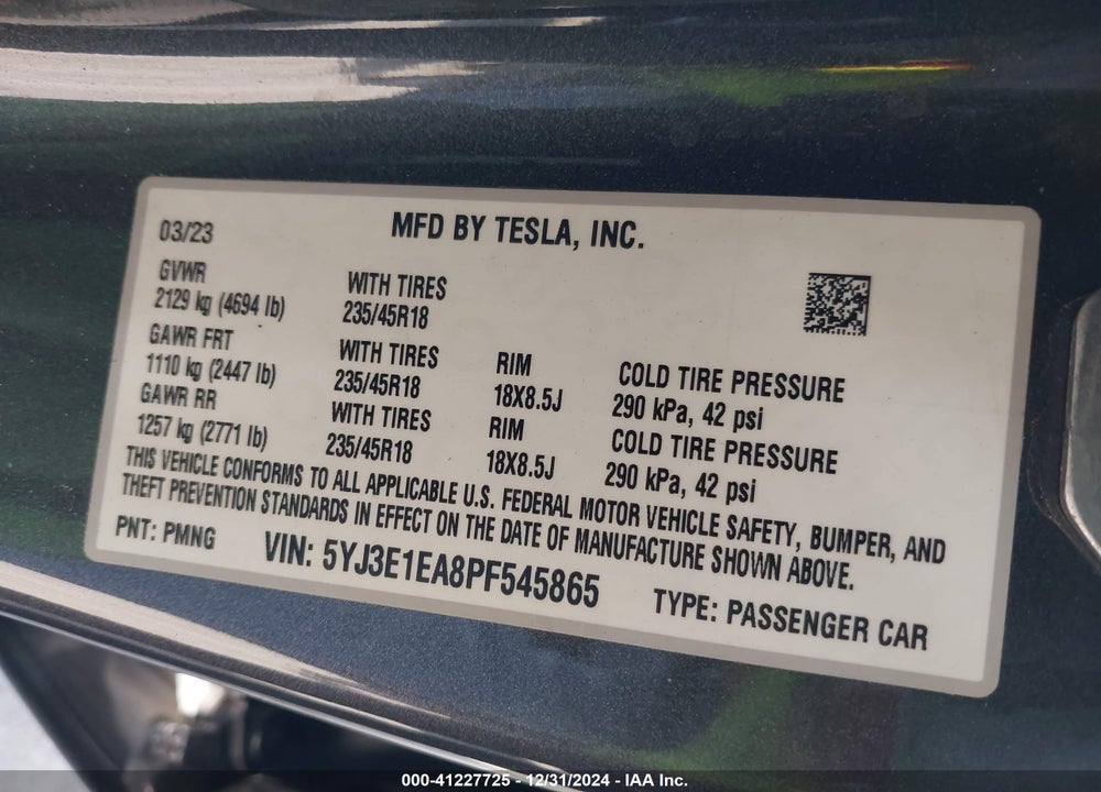 2023 TESLA MODEL 3 REAR-WHEEL DRIVE VIN: 5YJ3E1EA8PF545865