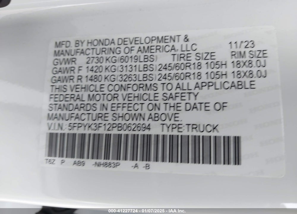 2023 HONDA RIDGELINE VIN: 5FPYK3F12PB062694