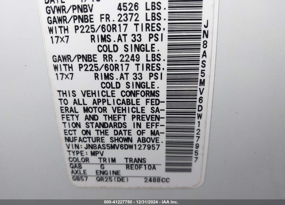 2013 NISSAN ROGUE SV VIN: JN8AS5MV6DW127957