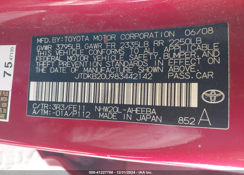 2008 TOYOTA PRIUS VIN: JTDKB20U983442142