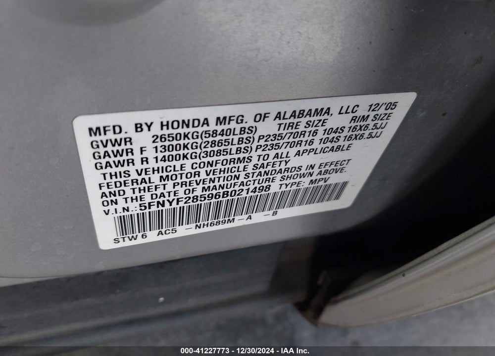 2006 HONDA PILOT EX-L VIN: 5FNYF28596B021498