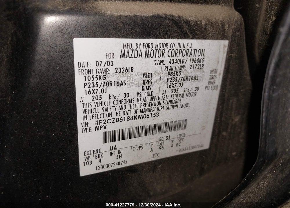 2004 MAZDA TRIBUTE ES V6 VIN: 4F2CZ06184KM06153