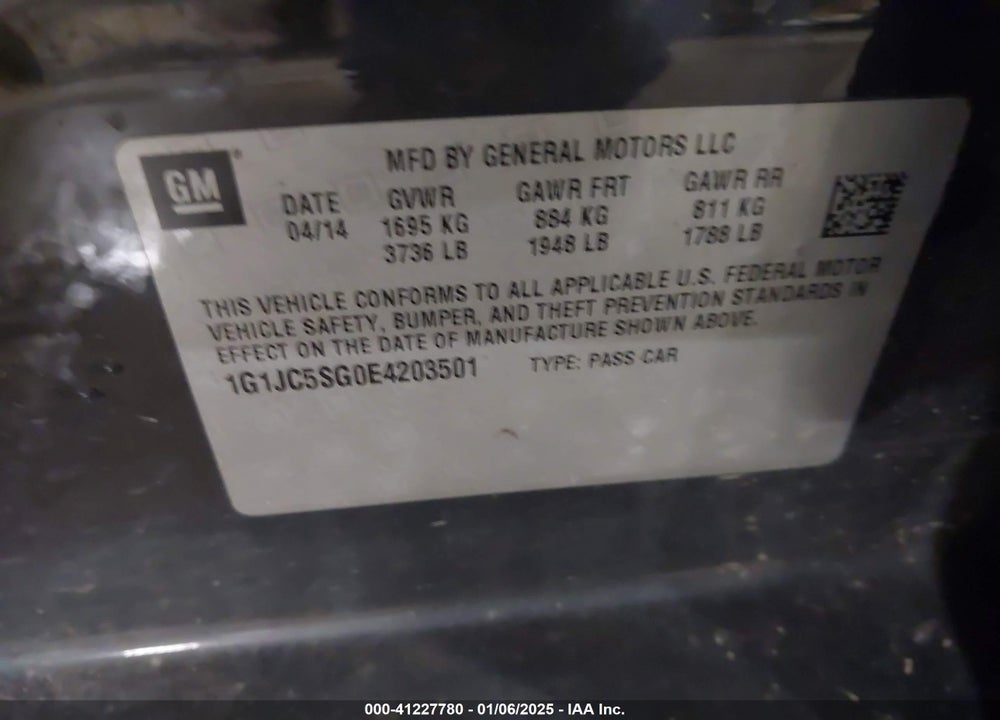 2014 CHEVROLET SONIC VIN: 1G1JC5SG0E4203501