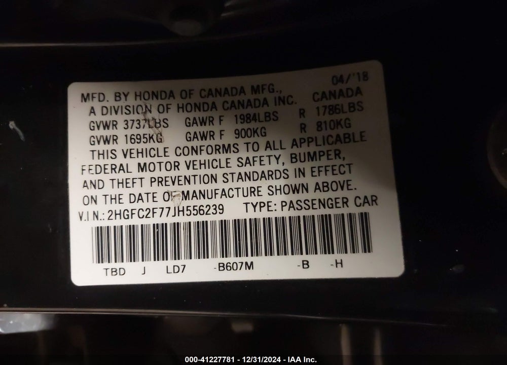 2018 HONDA CIVIC VIN: 2HGFC2F77JH556239