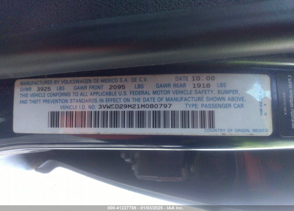 2001 VOLKSWAGEN JETTA GLS VIN: 3VWSD29M21M080797
