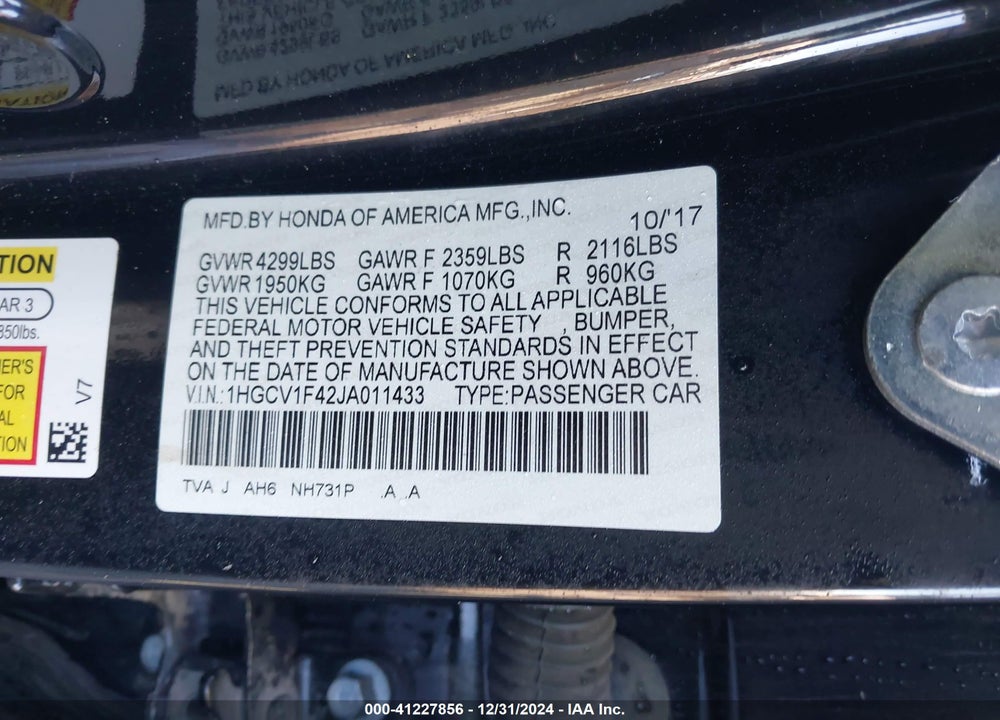 2018 HONDA ACCORD VIN: 1HGCV1F42JA011433