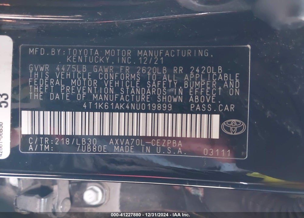 2022 TOYOTA CAMRY VIN: 4T1K61AK4NU019899