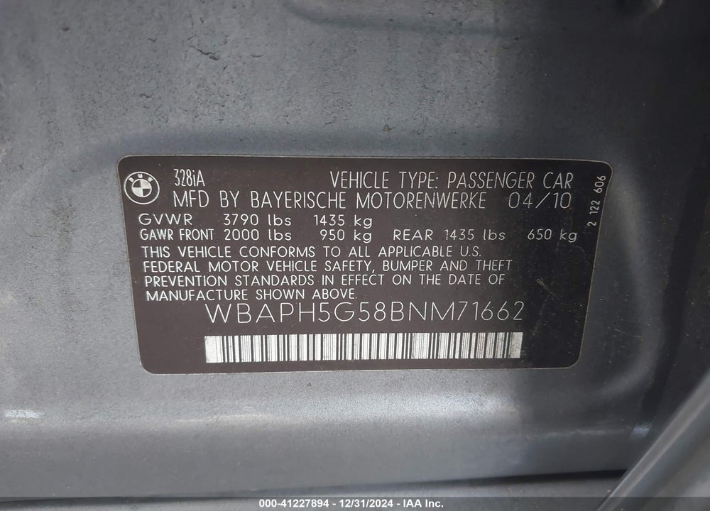 2011 BMW 328I VIN: WBAPH5G58BNM71662