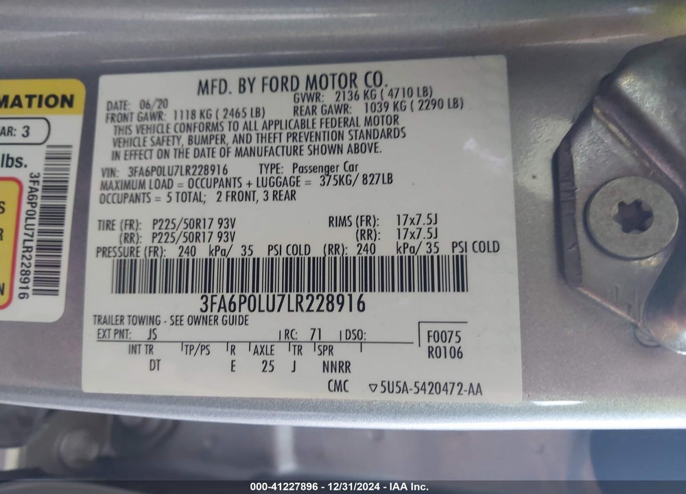 2020 FORD FUSION VIN: 3FA6P0LU7LR228916