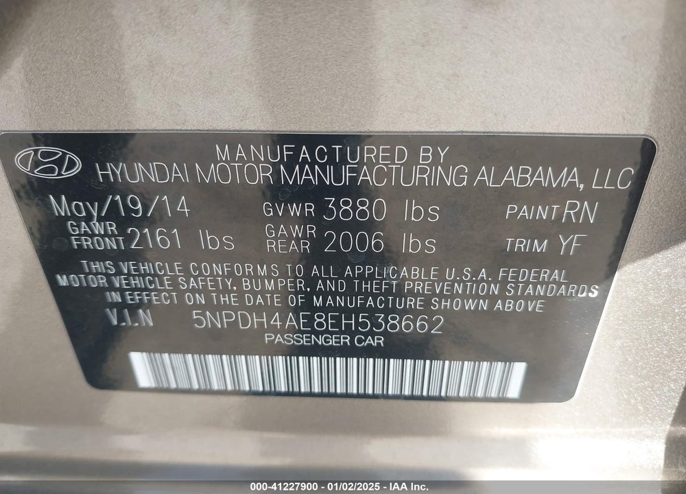 2014 HYUNDAI ELANTRA SE VIN: 5NPDH4AE8EH538662