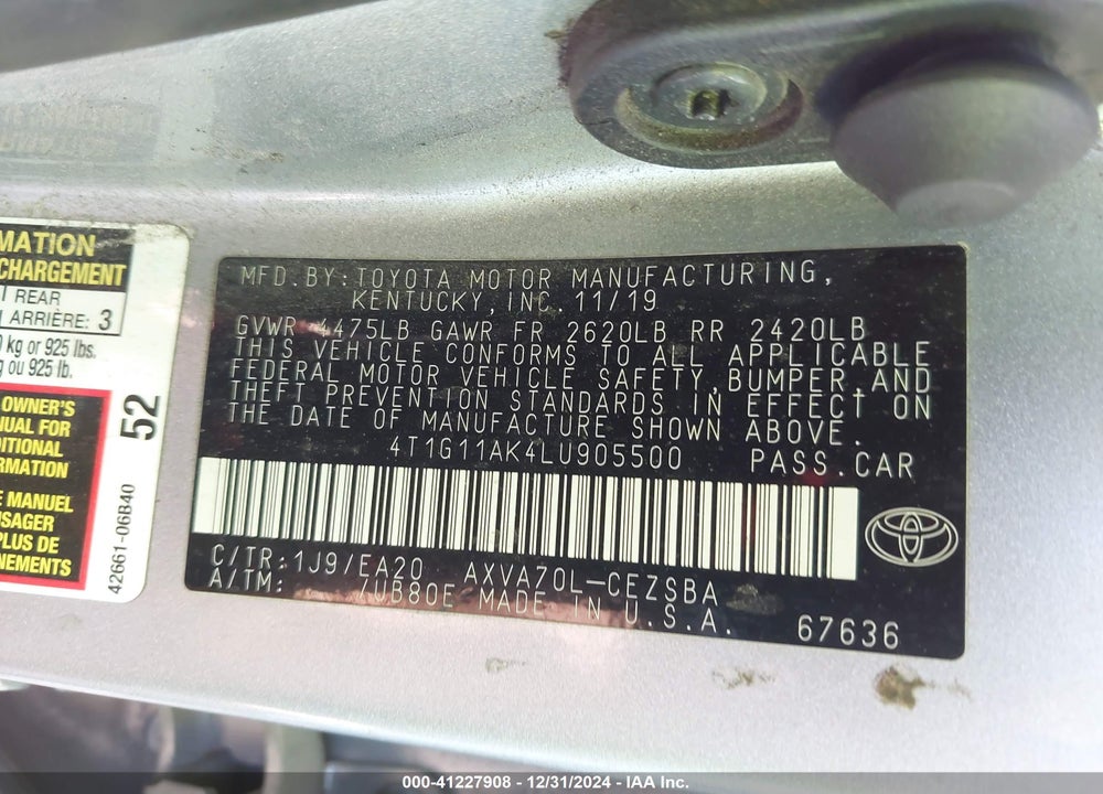 2020 TOYOTA CAMRY SE VIN: 4T1G11AK4LU905500