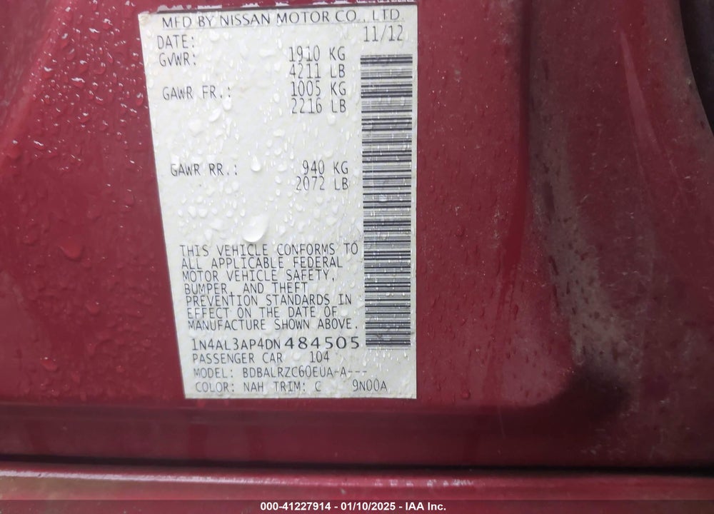 2013 NISSAN ALTIMA VIN: 1N4AL3AP4DN484505