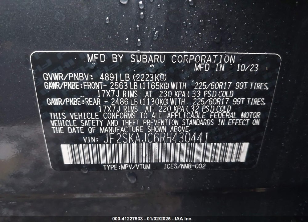 2024 SUBARU FORESTER VIN: JF2SKAJC6RH430441
