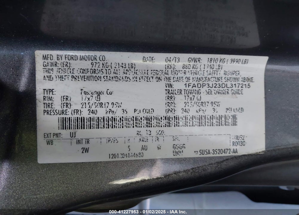 2013 FORD FOCUS TITANIUM VIN: 1FADP3J23DL317215