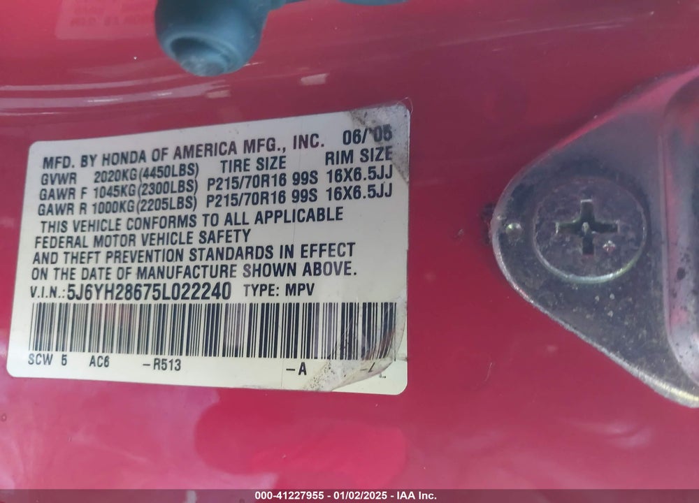 2005 HONDA ELEMENT EX VIN: 5J6YH28675L022240