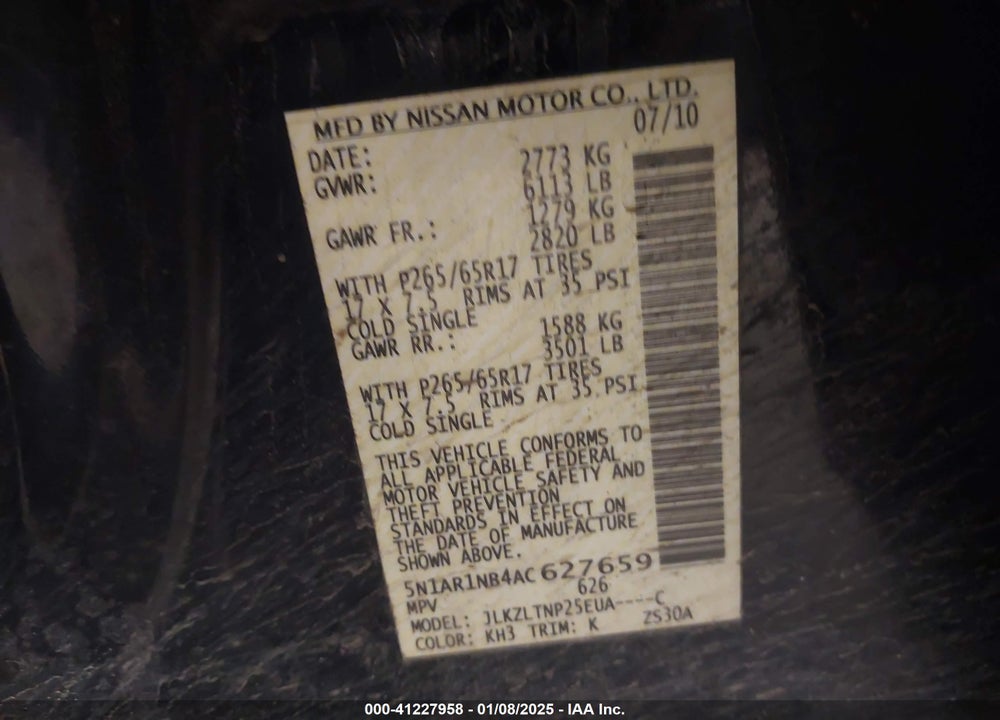 2010 NISSAN PATHFINDER SE VIN: 5N1AR1NB4AC627659