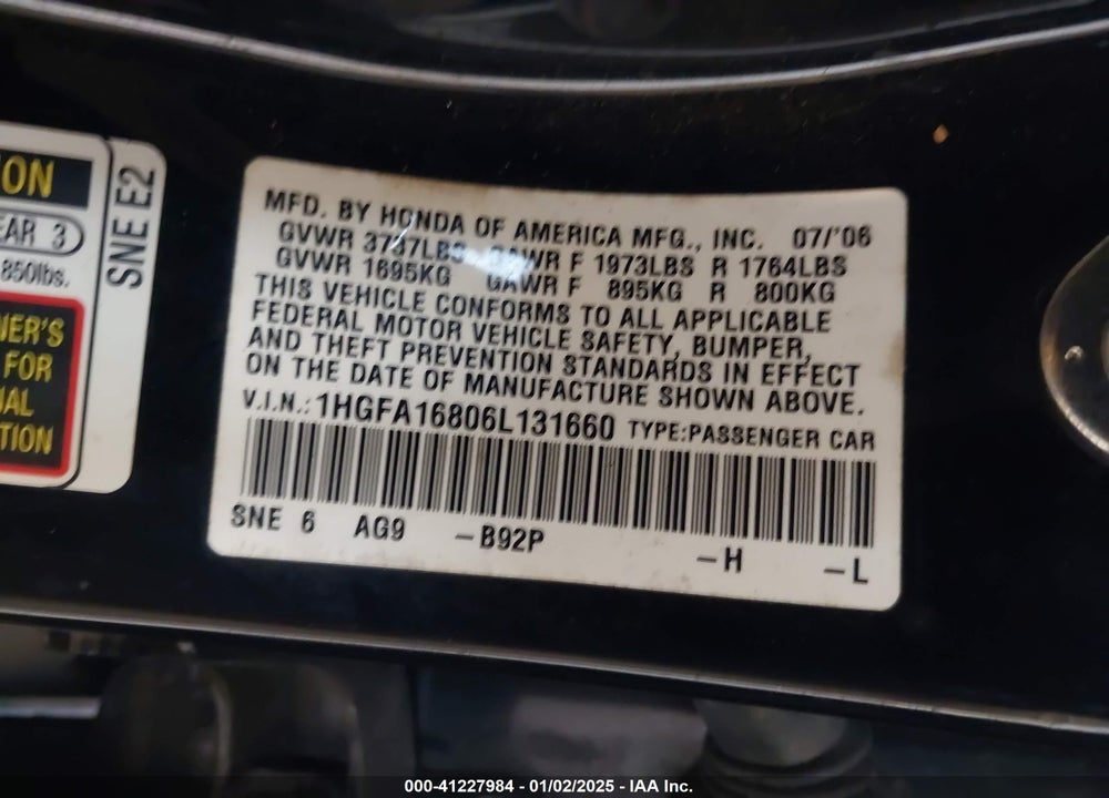 2006 HONDA CIVIC EX VIN: 1HGFA16806L131660