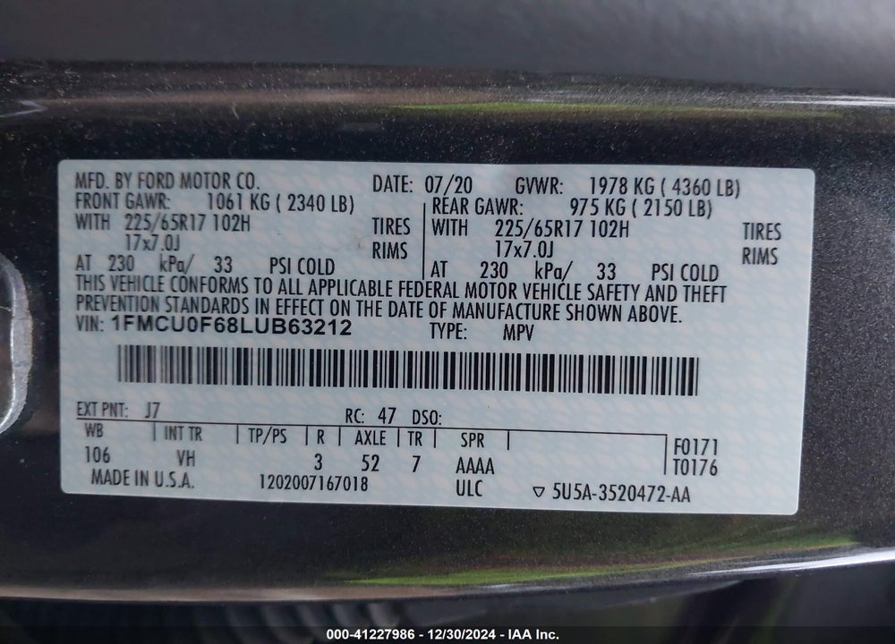 2020 FORD ESCAPE S VIN: 1FMCU0F68LUB63212