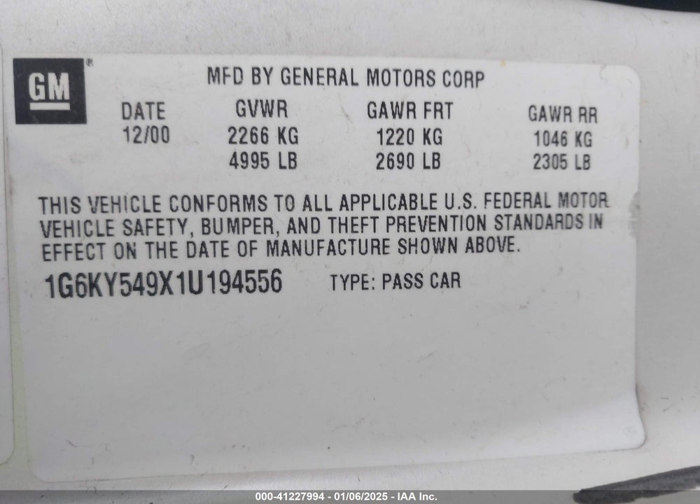 2001 CADILLAC SEVILLE STS VIN: 1G6KY549X1U194556