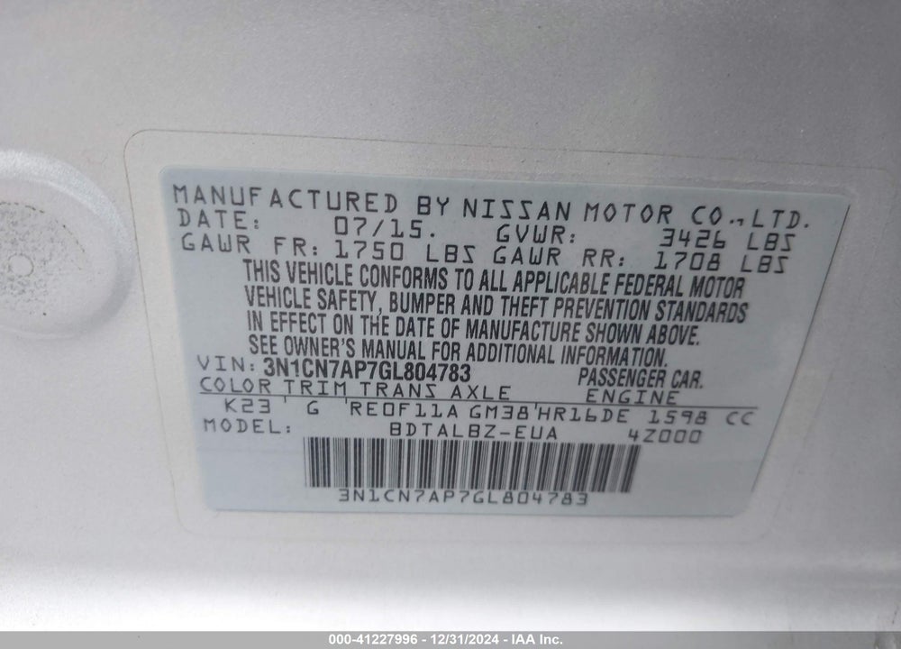 2016 NISSAN VERSA 1.6 S/1.6 S+/1.6 SL/1.6 SV VIN: 3N1CN7AP7GL804783