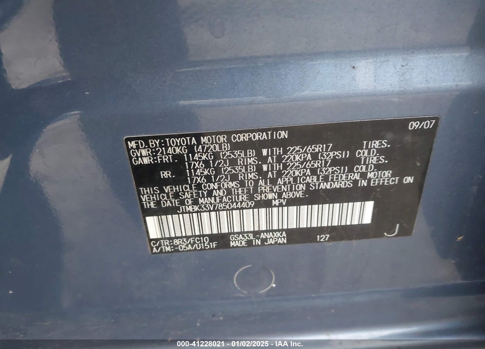 2008 TOYOTA RAV4 BASE V6 VIN: JTMBK33V785044409