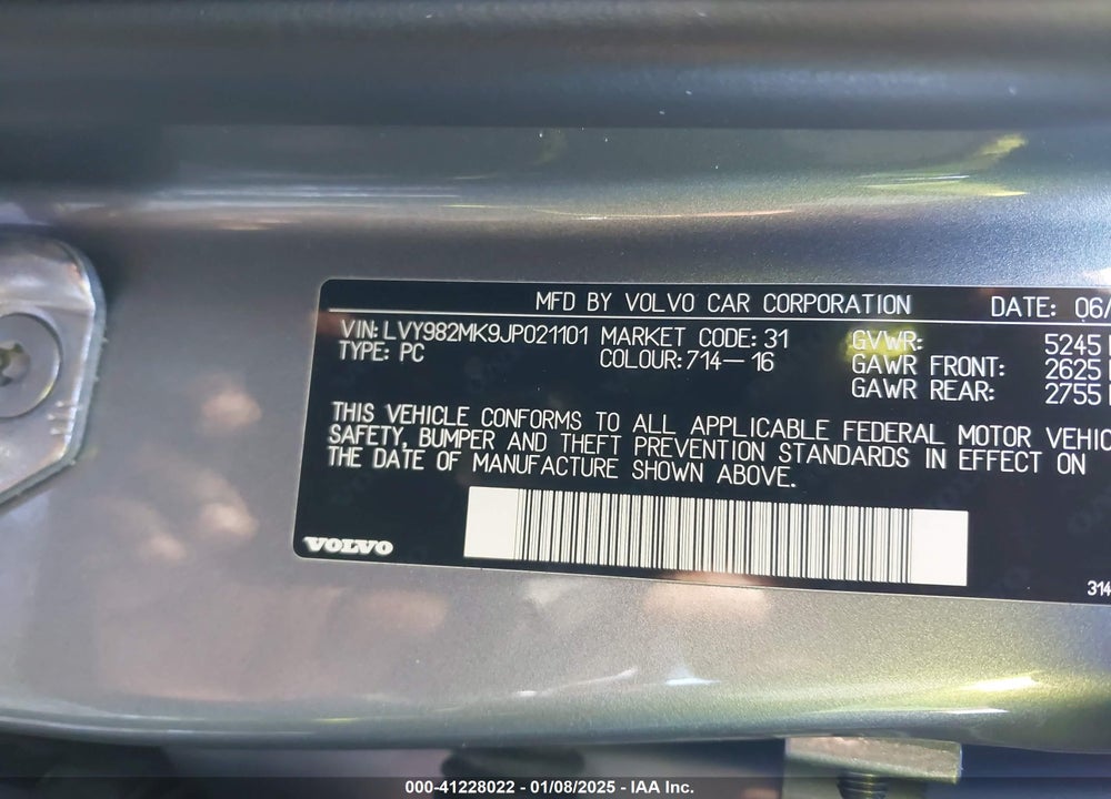 2018 VOLVO S90 VIN: LVY982MK9JP021101