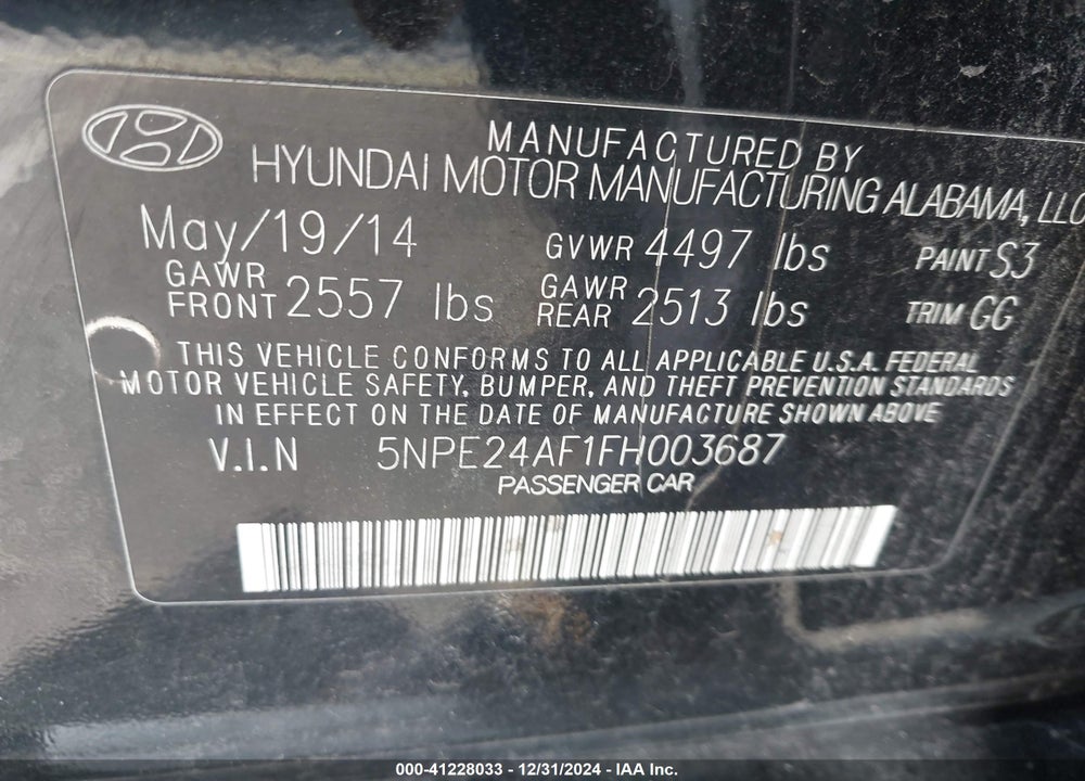 2015 HYUNDAI SONATA SE VIN: 5NPE24AF1FH003687