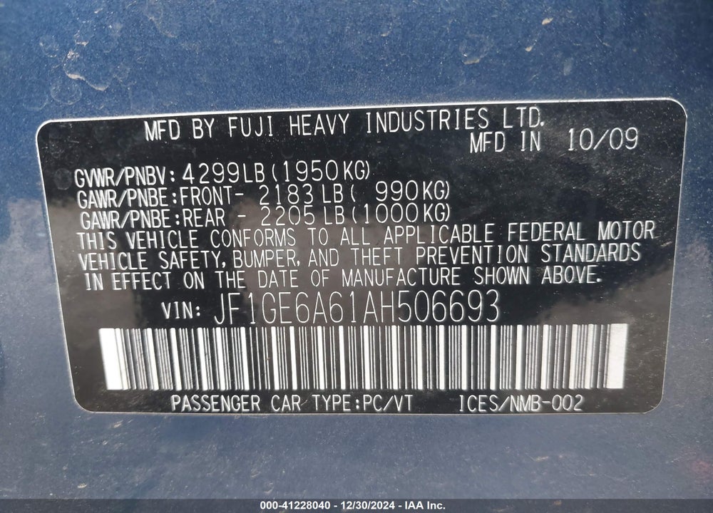 2010 SUBARU IMPREZA 2.5I VIN: JF1GE6A61AH506693