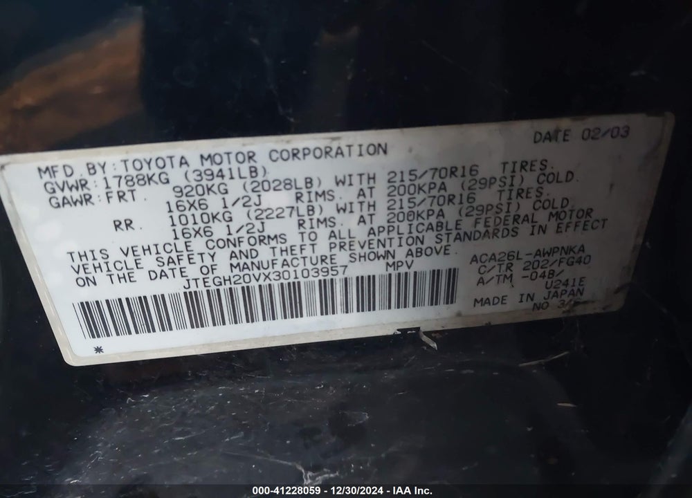 2003 TOYOTA RAV4 VIN: JTEGH20VX30103957
