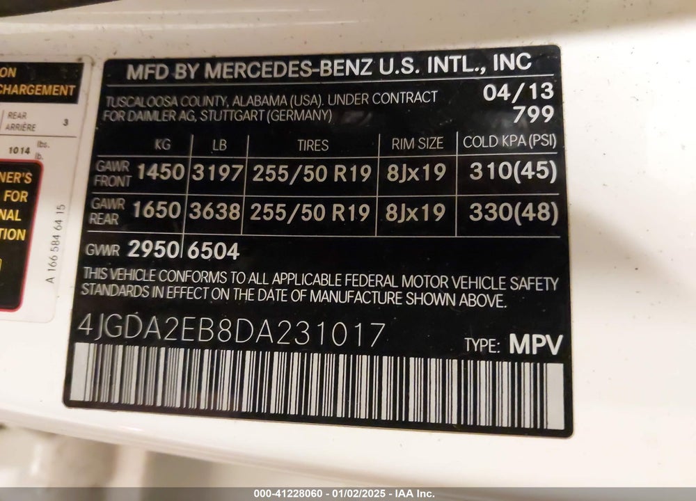 2013 MERCEDES-BENZ ML 350 BLUETEC 4MATIC VIN: 4JGDA2EB8DA231017