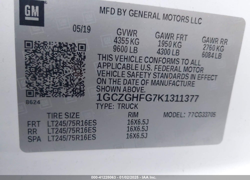 2019 CHEVROLET EXPRESS 3500 WORK VAN VIN: 1GCZGHFG7K1311377