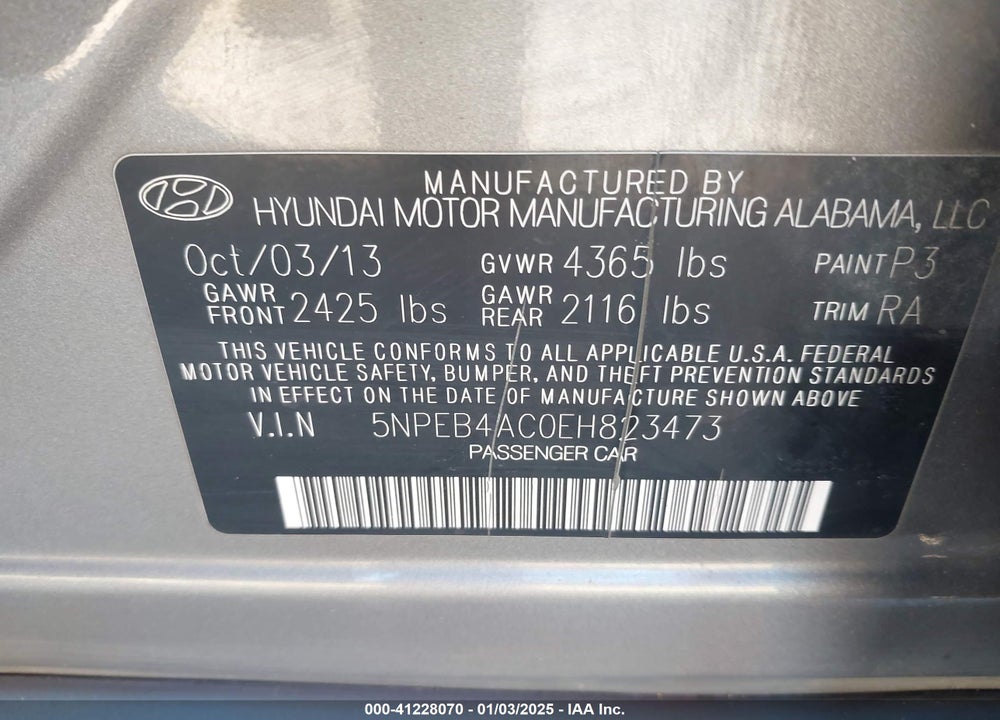 2014 HYUNDAI SONATA VIN: 5NPEB4AC0EH823473