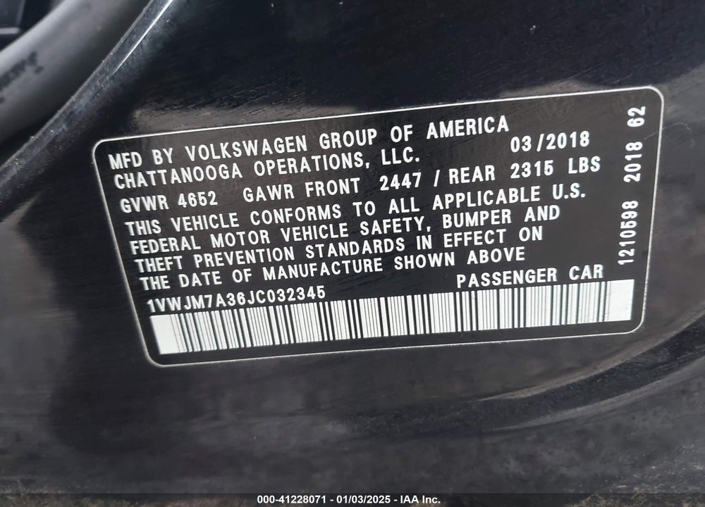 2018 VOLKSWAGEN PASSAT VIN: 1VWJM7A36JC032345
