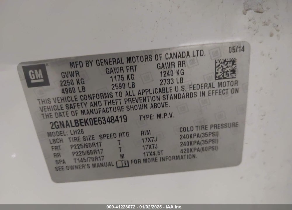 2014 CHEVROLET EQUINOX VIN: 2GNALBEK0E6348419