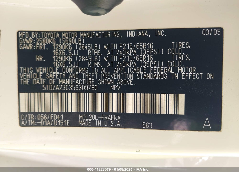 2005 TOYOTA SIENNA CE VIN: 5TDZA23C35S309780