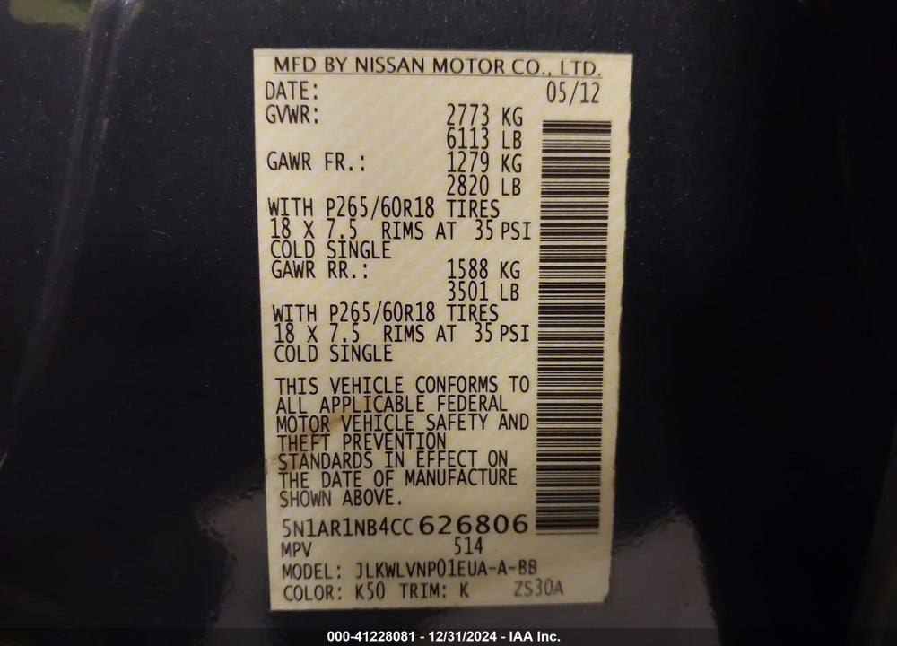 2012 NISSAN PATHFINDER LE VIN: 5N1AR1NB4CC626806