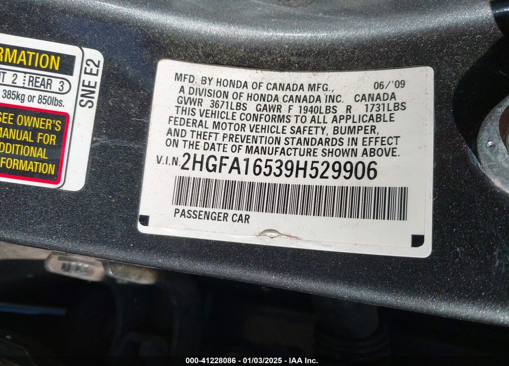 2009 HONDA CIVIC VIN: 2HGFA16539H529906